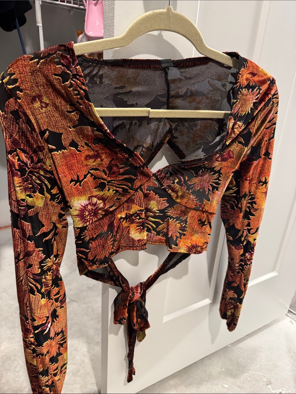 Windsor Orange and Black Floral Tie-Front Long Sleeve Crop Top